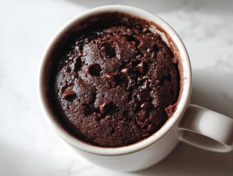 Overhead close-up of a rich, dark chocolate Single Serve Protein Brownie baked inside a white mug, topped with melted chocolate chips.