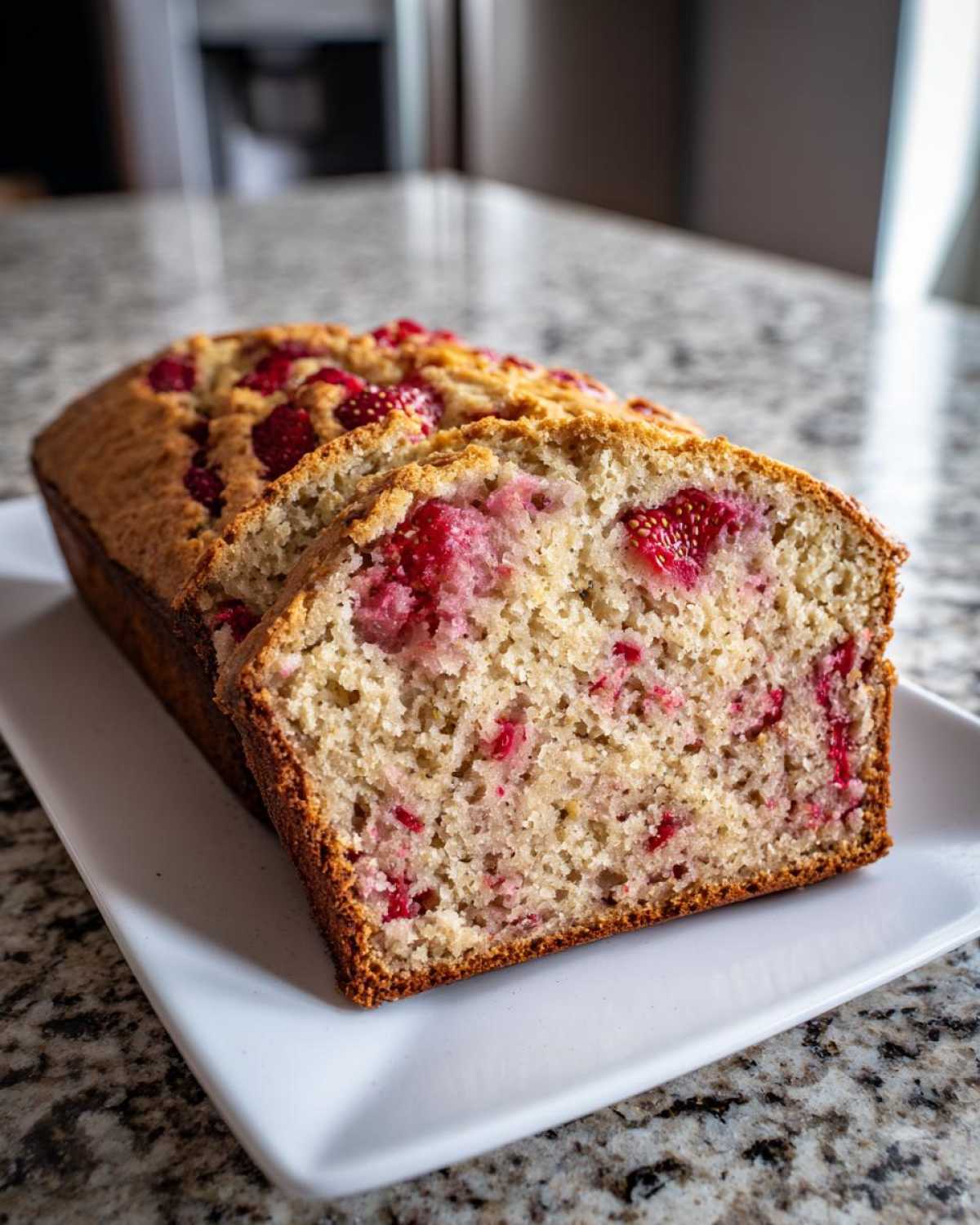 A freshly baked loaf of Gluten-Free Strawberry Banana Bread, sliced to show the moist interior with visible strawberry pieces.