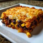 A close-up slice of Southwestern Black Bean Casserole showing black beans, corn, and a golden, crunchy topping.