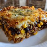 A close-up slice of Southwestern Black Bean Casserole showing melted cheese, black beans, and corn.