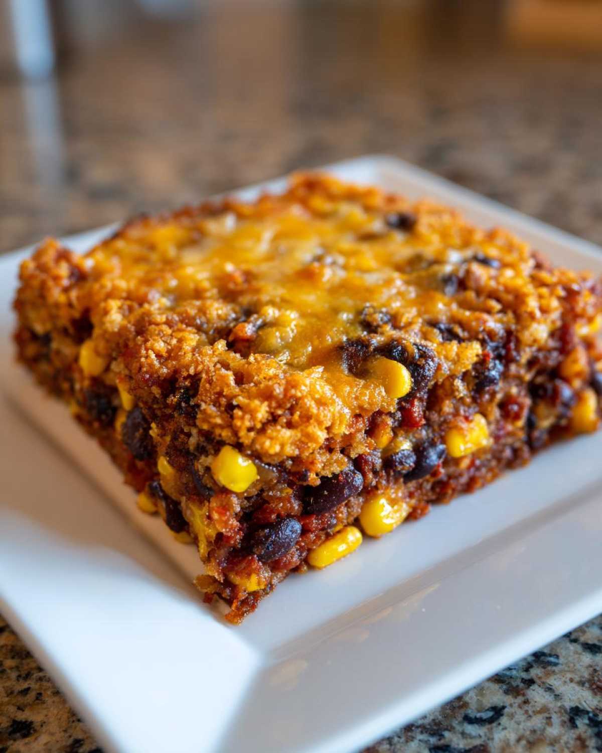 A square serving of Southwestern Black Bean Casserole topped with melted cheddar cheese, featuring visible black beans and corn.