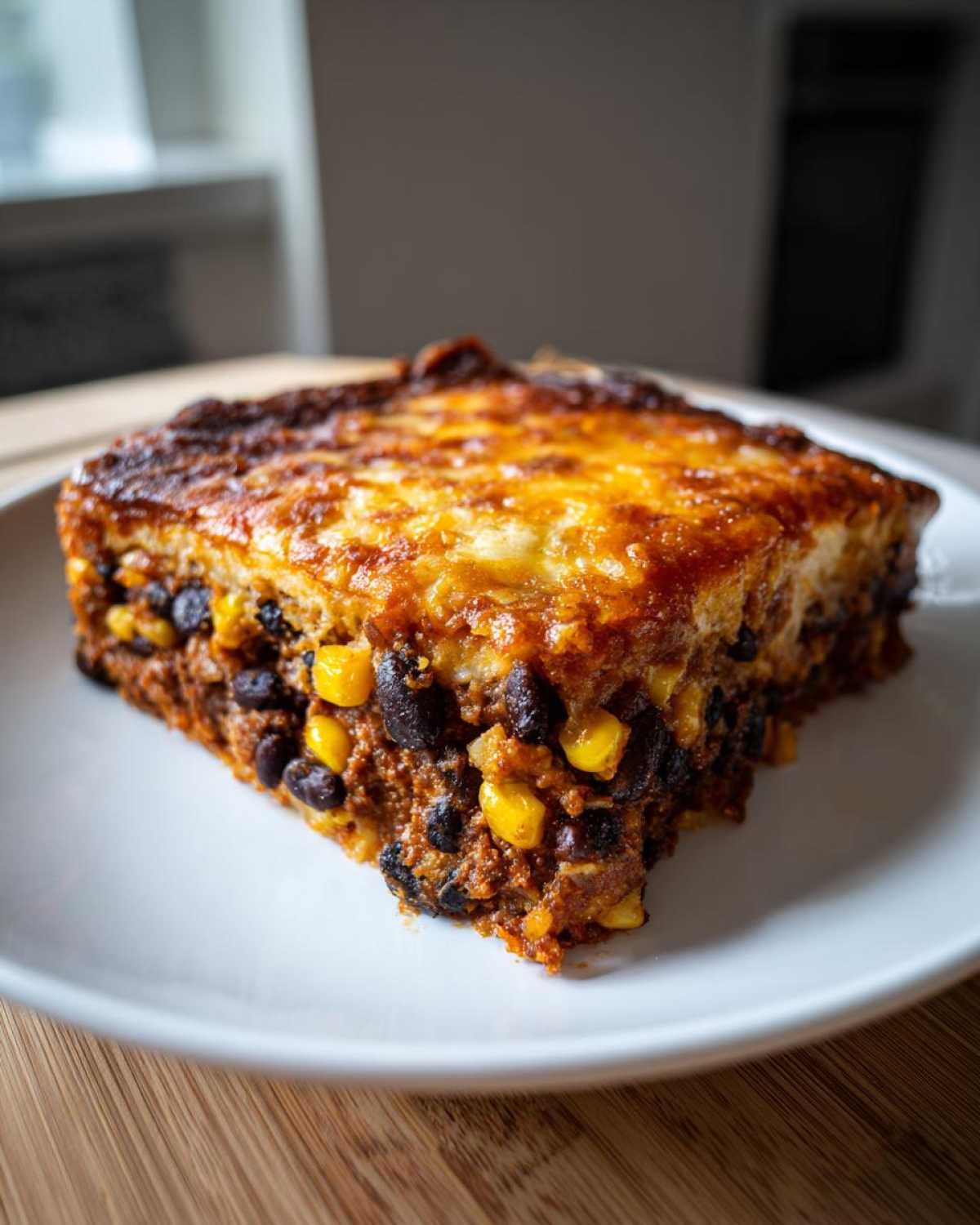A close-up of a hearty slice of Southwestern Black Bean Casserole topped with melted, browned cheese.
