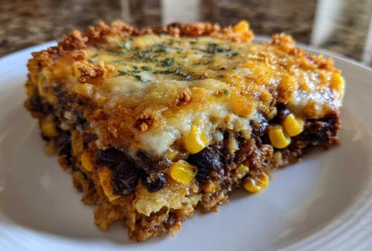 A close-up slice of Southwestern Black Bean Casserole showing melted cheese, black beans, and corn.