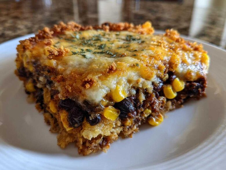 A close-up slice of Southwestern Black Bean Casserole showing melted cheese, black beans, and corn.