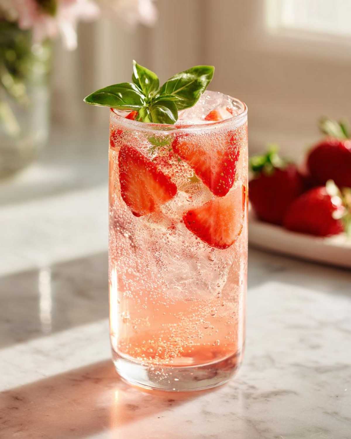A tall glass filled with Sparkling Strawberry Basil Lemonade, ice, sliced strawberries, and a fresh basil garnish.