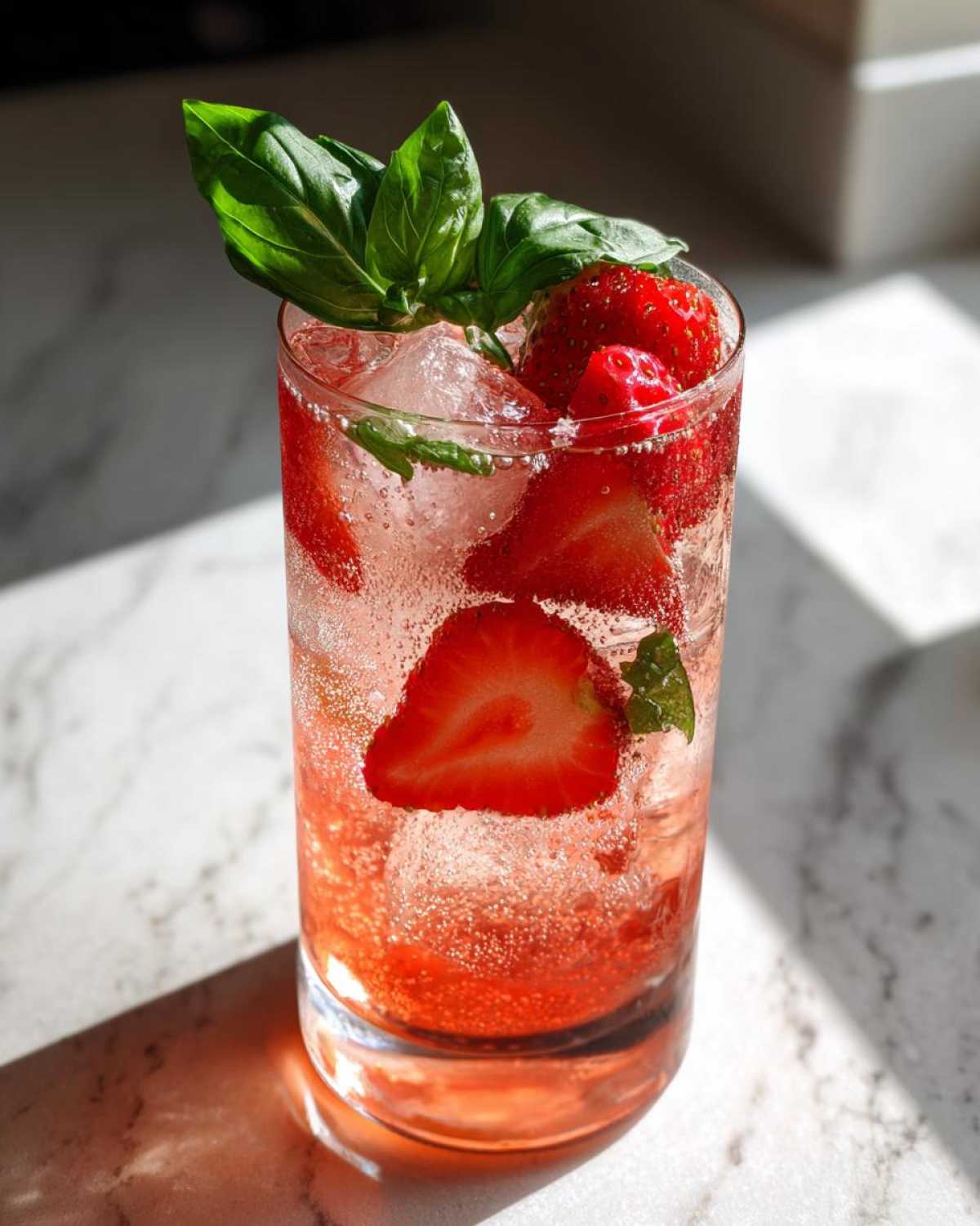 A tall glass filled with Sparkling Strawberry Basil Lemonade, ice, sliced strawberries, and a basil garnish.