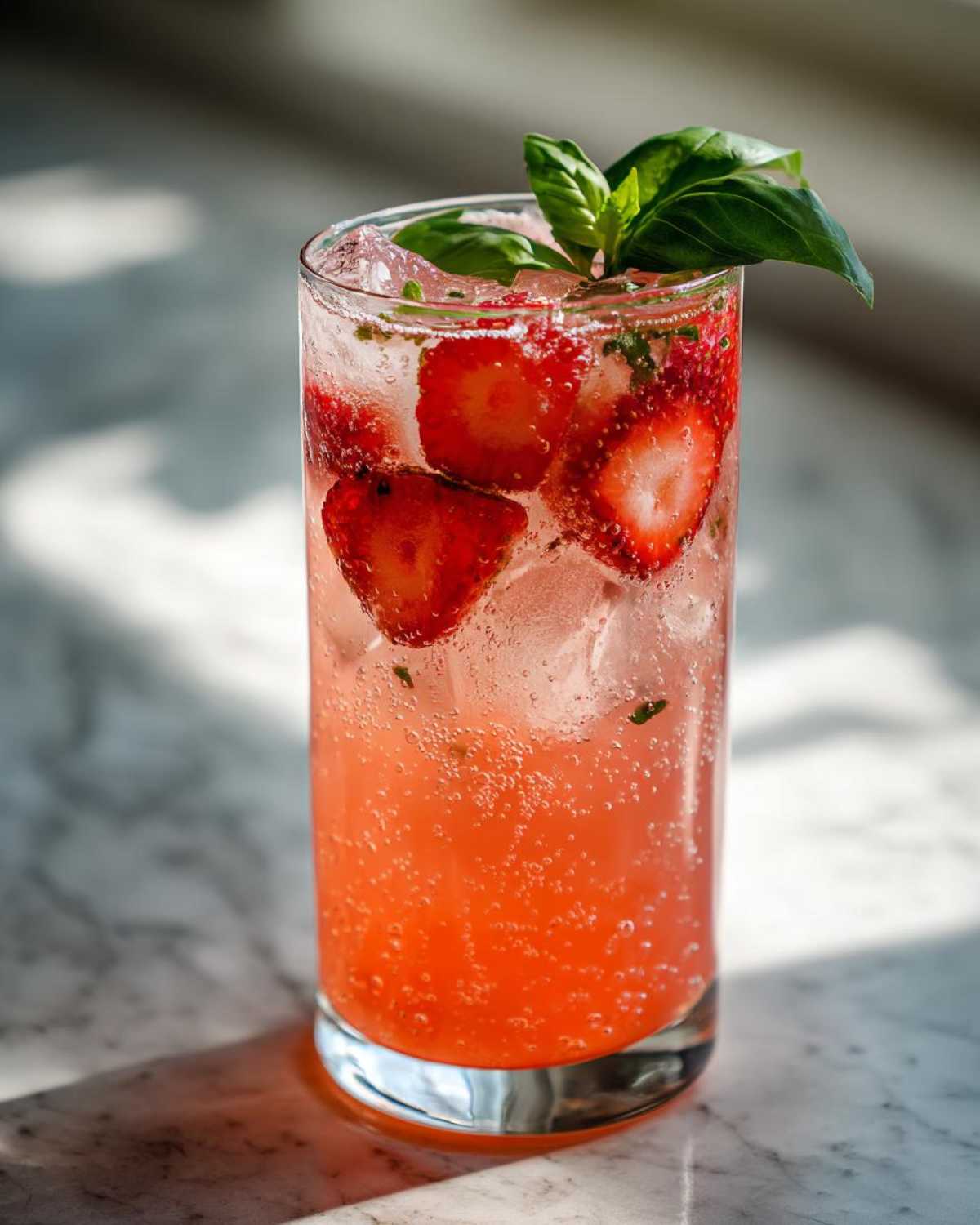 Close-up of a tall glass filled with Sparkling Strawberry Basil Lemonade, ice, strawberry slices, and a basil garnish.