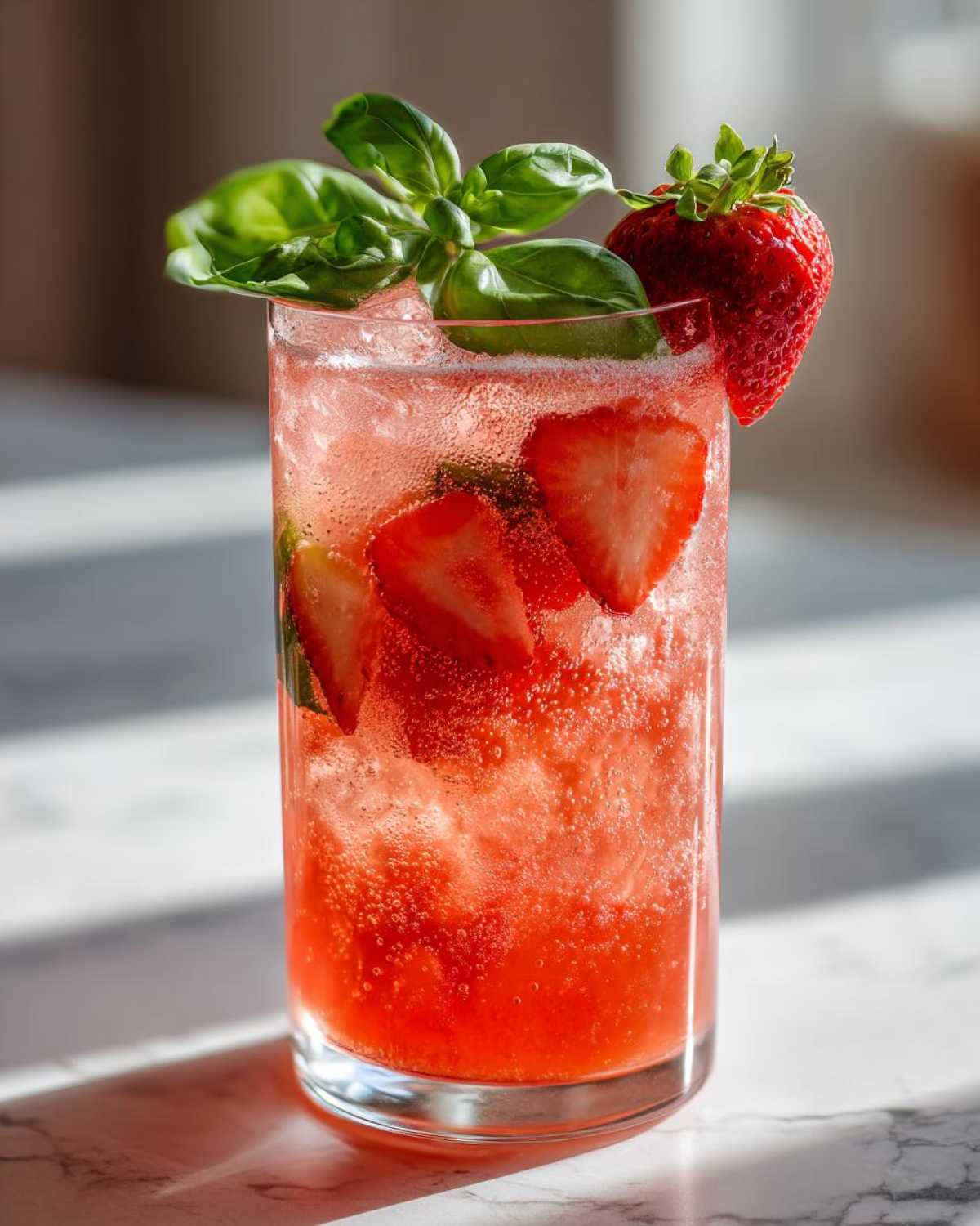 A tall glass filled with vibrant, bubbly Sparkling Strawberry Basil Lemonade, garnished with fresh basil and a whole strawberry.