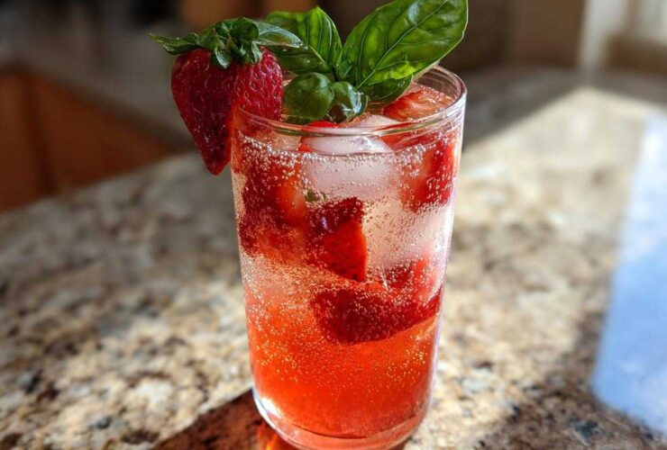 A tall glass filled with Sparkling Strawberry Basil Lemonade, ice, and garnished with a fresh strawberry and basil leaves.