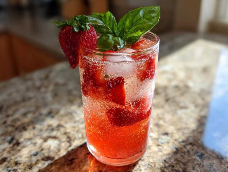 A tall glass filled with Sparkling Strawberry Basil Lemonade, ice, and garnished with a fresh strawberry and basil leaves.