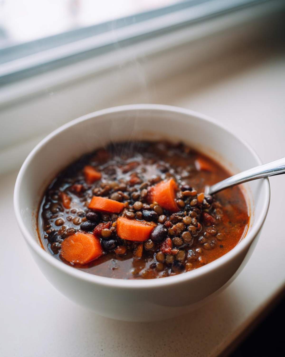 Close-up of a steaming white bowl filled with Vegan One-Pot Lentil Taco Soup, featuring lentils, black beans, and bright orange carrot chunks.