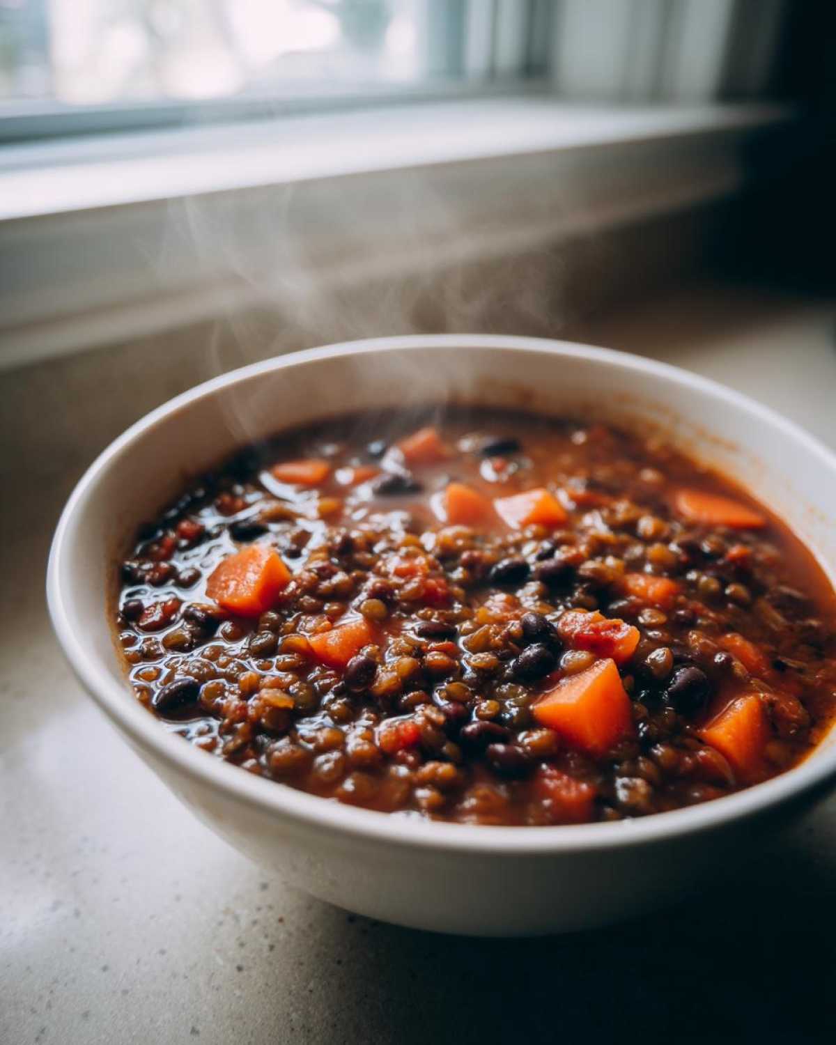 Close-up of a steaming white bowl filled with rich Vegan One-Pot Lentil Taco Soup containing lentils, black beans, and diced carrots.