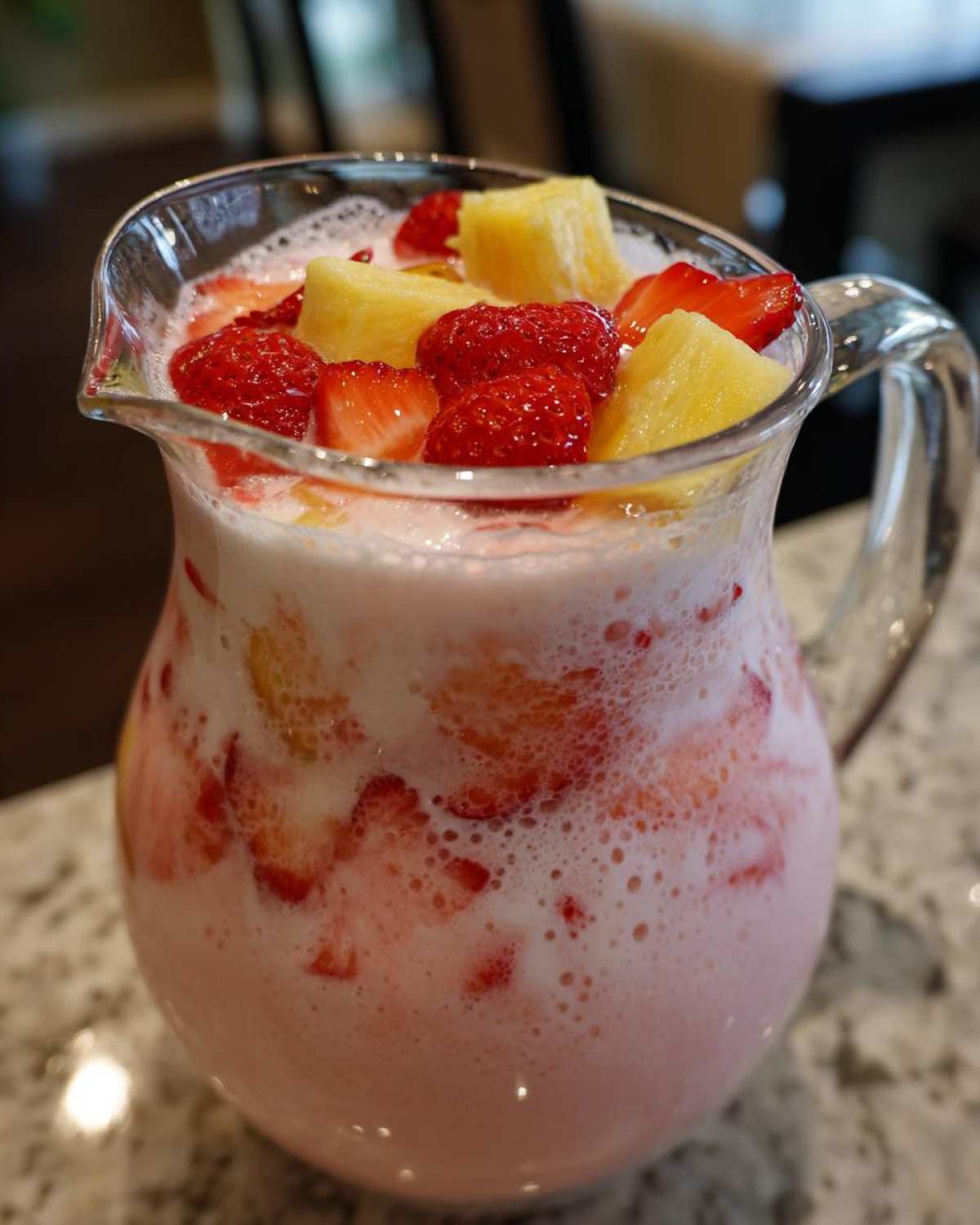 A glass pitcher filled with pink, frothy Strawberry Piña Colada Punch, topped with fresh strawberries and pineapple chunks.