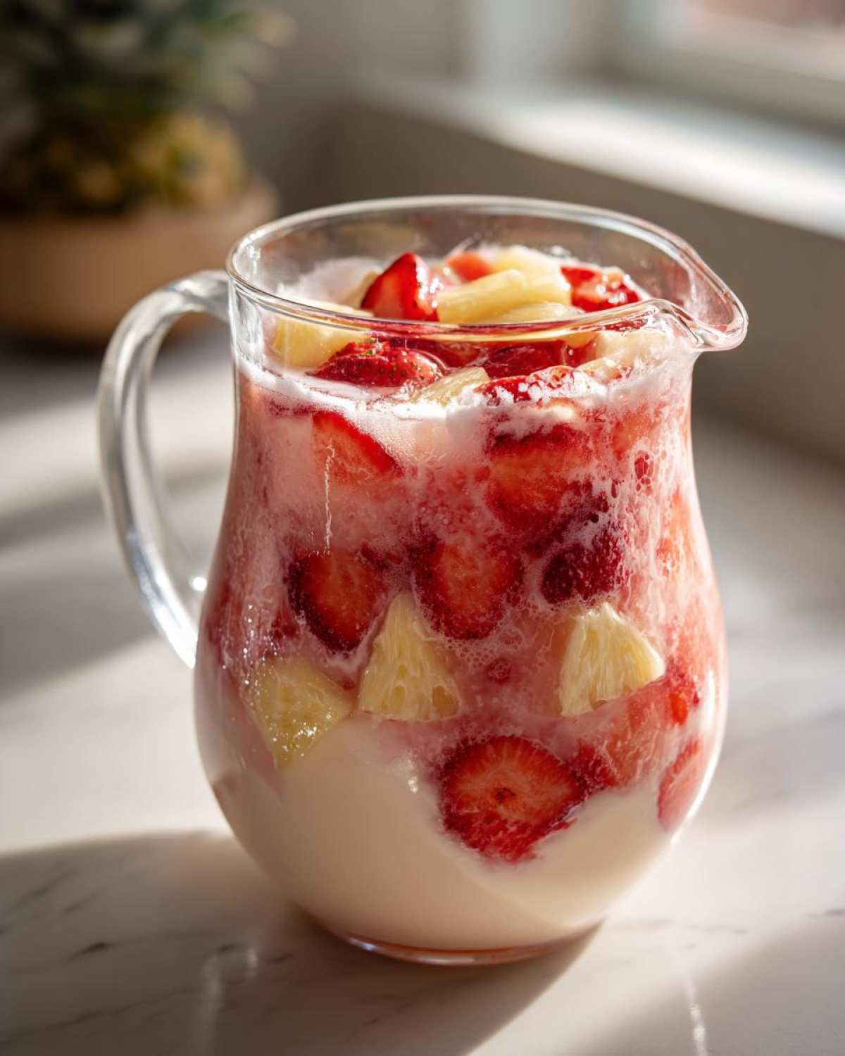 A glass pitcher filled with Strawberry Piña Colada Punch, showing layers of creamy liquid, sliced strawberries, and chunks of pineapple.