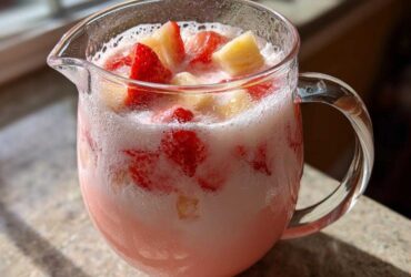 Close-up of a glass pitcher filled with pink Strawberry Piña Colada Punch, topped with chunks of strawberry and pineapple.
