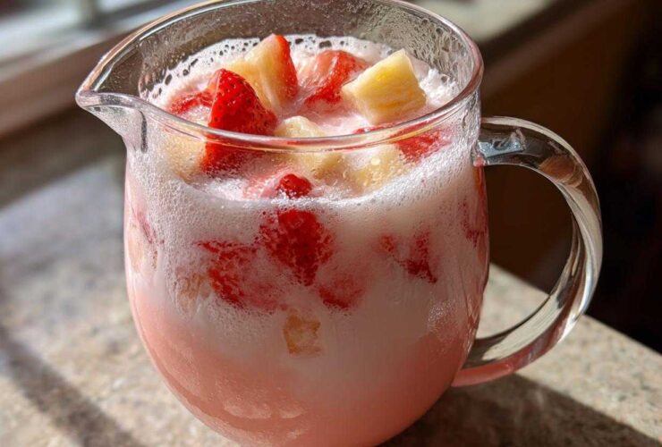 Close-up of a glass pitcher filled with pink Strawberry Piña Colada Punch, topped with chunks of strawberry and pineapple.