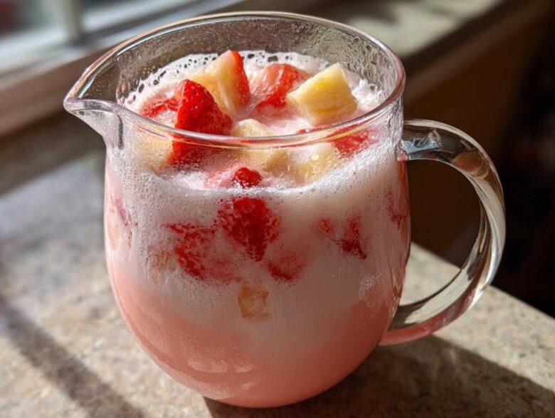 Close-up of a glass pitcher filled with pink Strawberry Piña Colada Punch, topped with chunks of strawberry and pineapple.