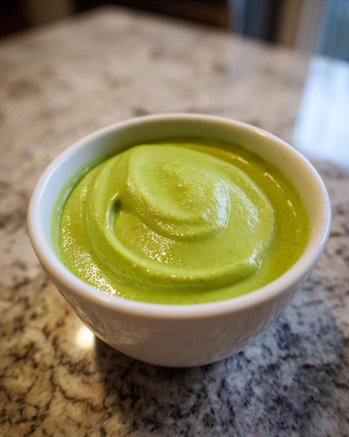 Close-up of thick, vibrant green Vegan Creamy Cucumber Dill Soup swirled in a small white bowl.