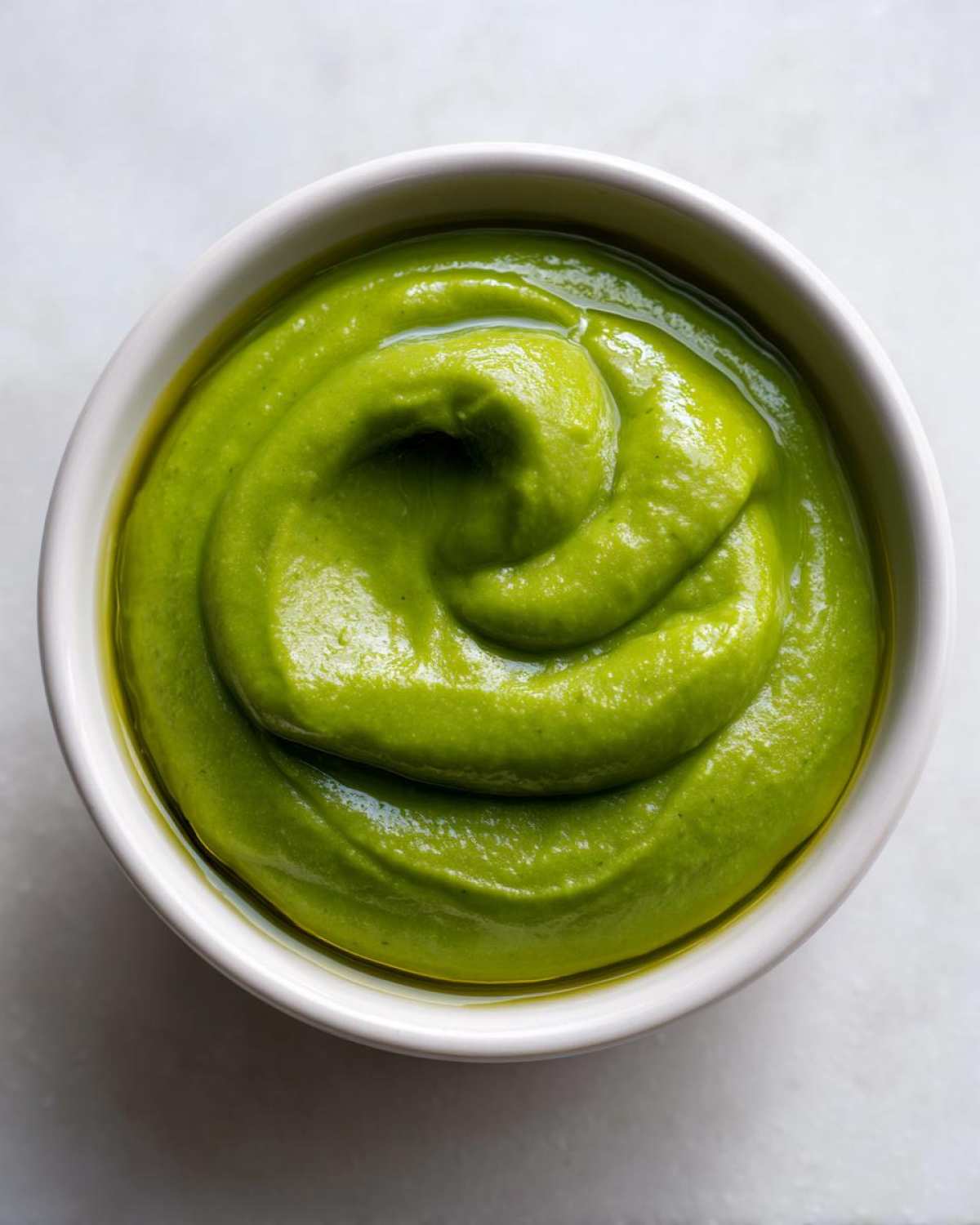 Overhead view of thick, bright green Vegan Creamy Cucumber Dill Soup swirled in a small white bowl.
