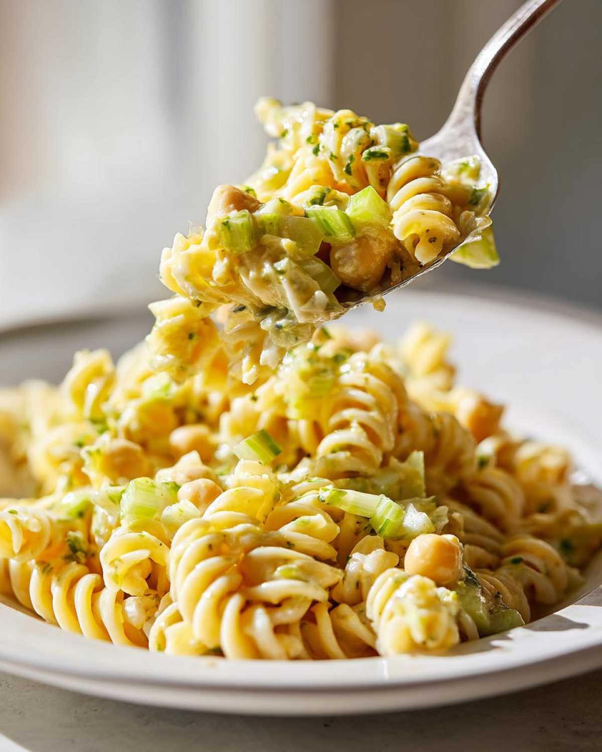 A fork lifting a bite of Vegan Creamy Lemon Chickpea Pasta Salad, showing rotini pasta, chickpeas, and celery in a creamy dressing.