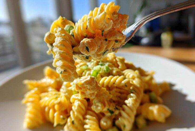 A fork lifts a bite of Vegan Creamy Lemon Chickpea Pasta Salad, showing fusilli pasta coated in a rich, yellow sauce with chickpeas.
