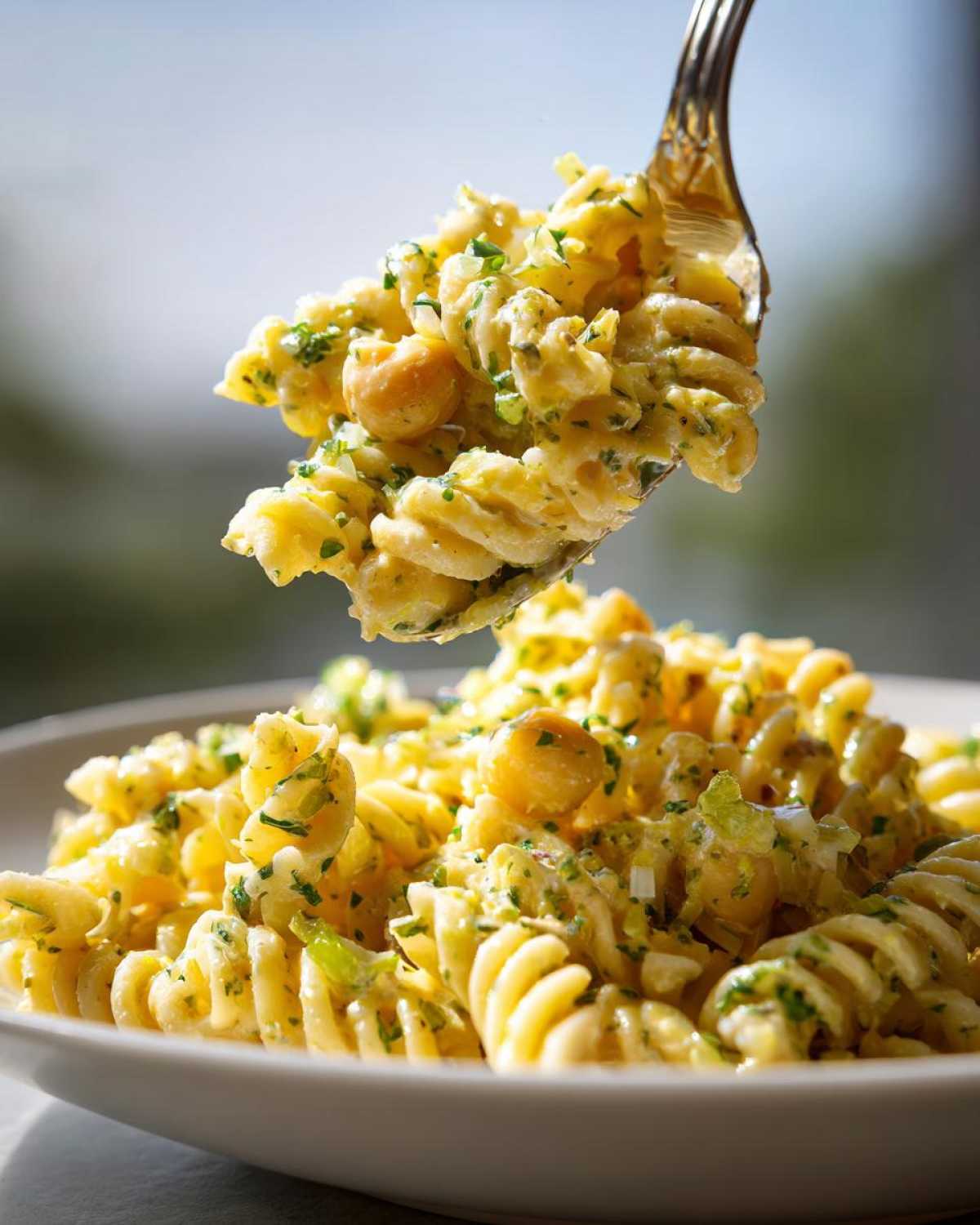 A fork lifting a generous portion of Vegan Creamy Lemon Chickpea Pasta Salad, showing rotini pasta coated in a creamy yellow sauce with chickpeas and herbs.