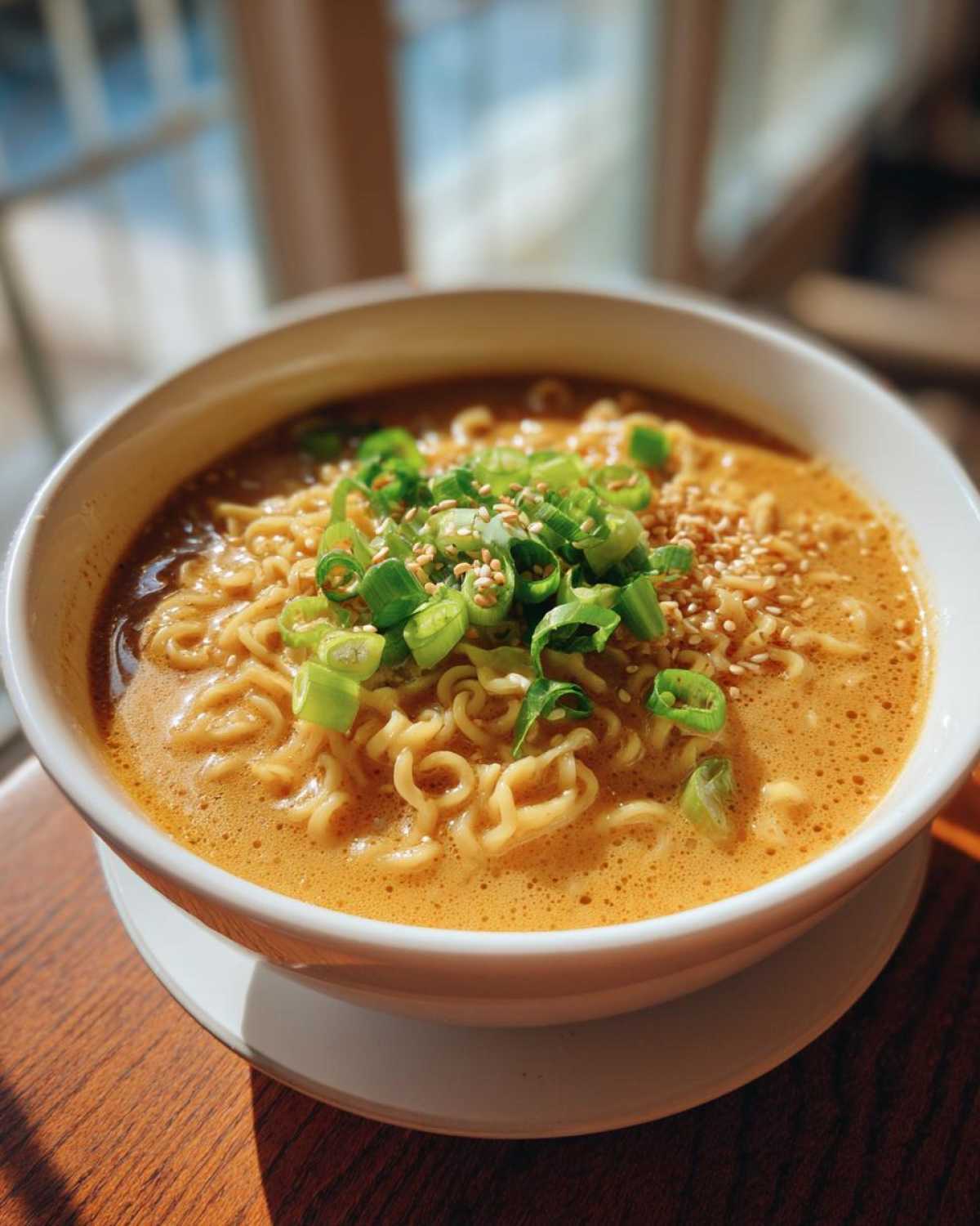 Close-up of a bowl of Vegan Creamy Miso Sesame Noodle Soup topped with green onions and sesame seeds.