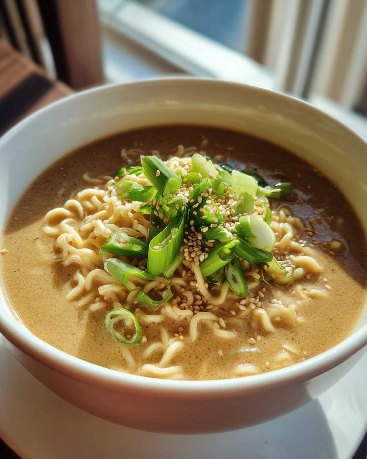 A close-up of a white bowl filled with Vegan Creamy Miso Sesame Noodle Soup, topped with green onions and sesame seeds.