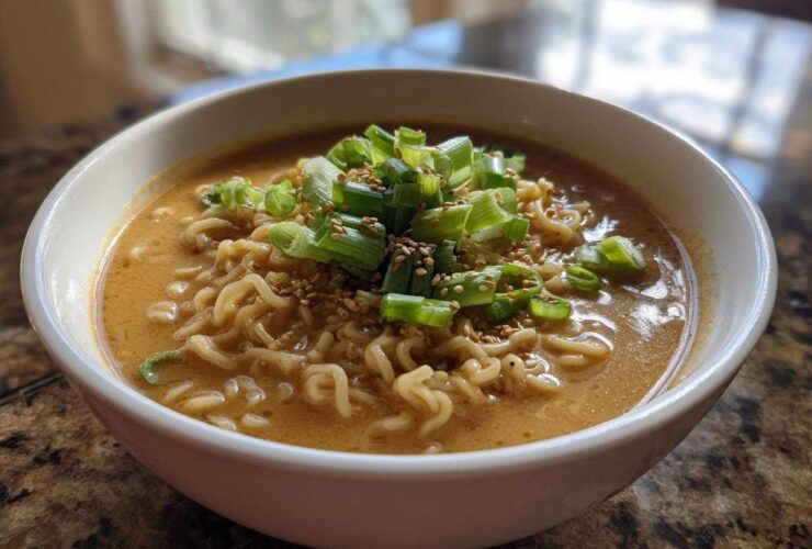 A close-up of a white bowl filled with Vegan Creamy Miso Sesame Noodle Soup, topped with green onions and sesame seeds.