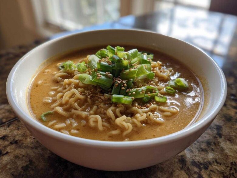 A close-up of a white bowl filled with Vegan Creamy Miso Sesame Noodle Soup, topped with green onions and sesame seeds.