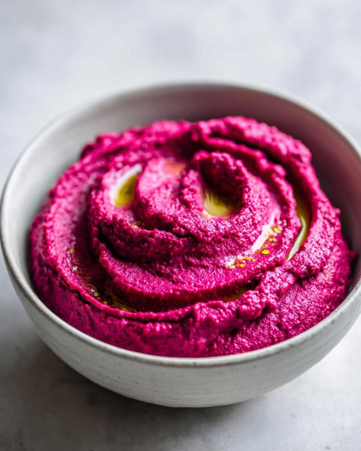 Close-up of vibrant pink Vegan Creamy Roasted Beet Hummus swirled in a light bowl, drizzled with olive oil.
