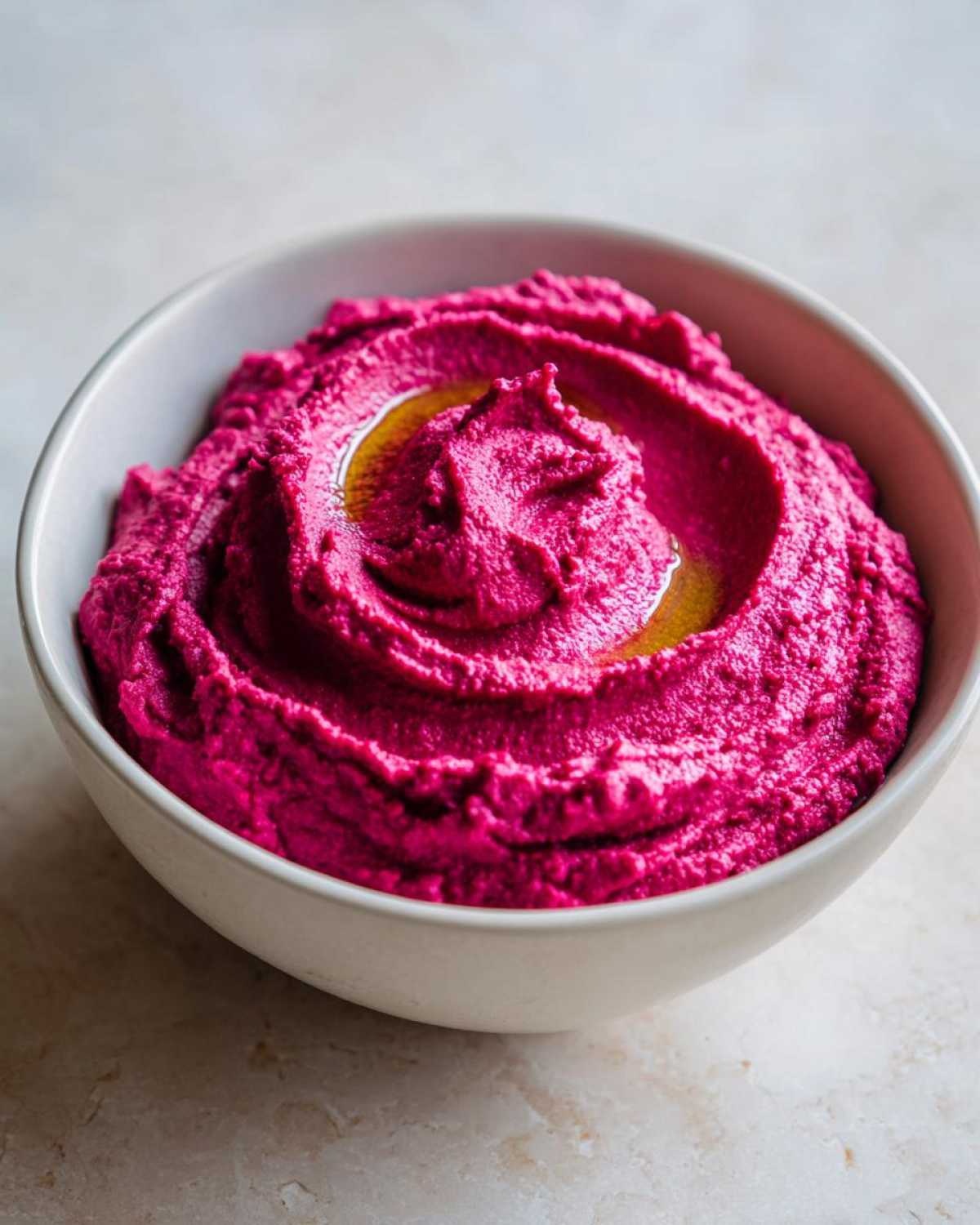 Close-up of vibrant pink Vegan Creamy Roasted Beet Hummus swirled in a white bowl, topped with olive oil.