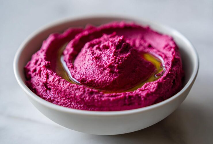 Close-up of vibrant pink Vegan Creamy Roasted Beet Hummus swirled in a white bowl, drizzled with olive oil.