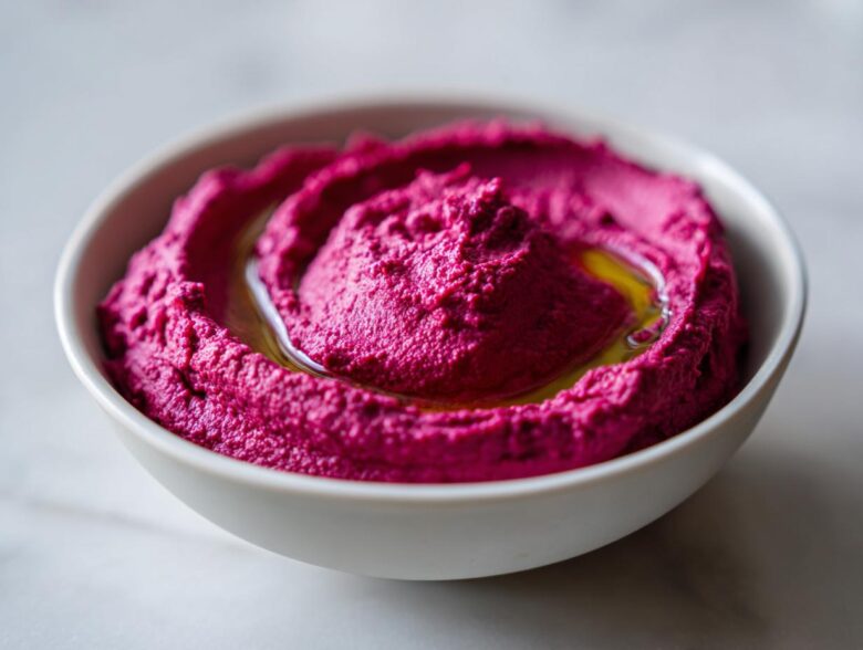 Close-up of vibrant pink Vegan Creamy Roasted Beet Hummus swirled in a white bowl, drizzled with olive oil.