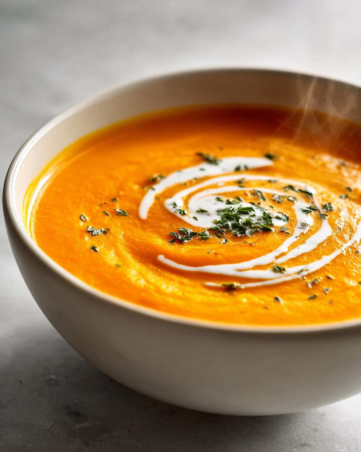 Close-up of a steaming bowl of bright orange Vegan Creamy Roasted Carrot Ginger Soup, swirled with cream and topped with herbs.