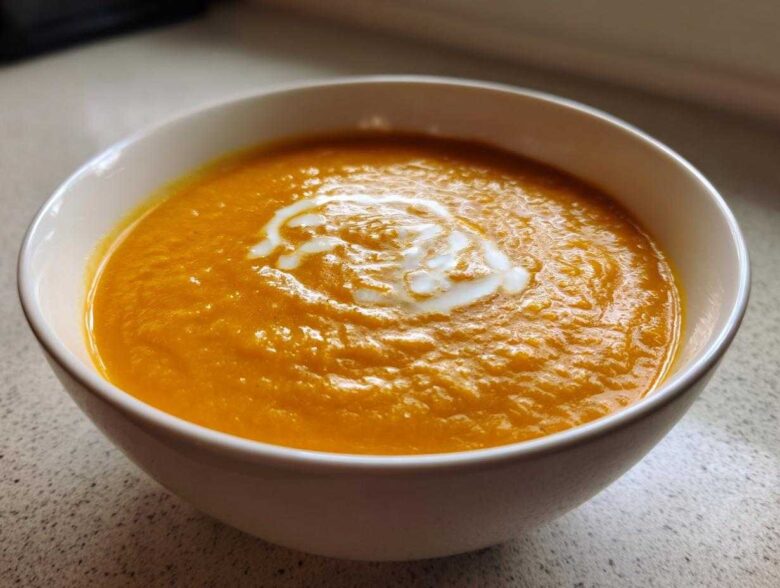 A close-up of vibrant orange Vegan Creamy Roasted Carrot Ginger Soup topped with a swirl of white cream in a white bowl.