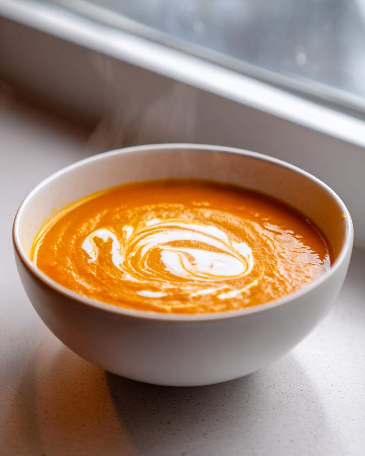 Close-up of hot Vegan Creamy Roasted Carrot Ginger Soup with a swirl of white cream on top, steaming slightly.