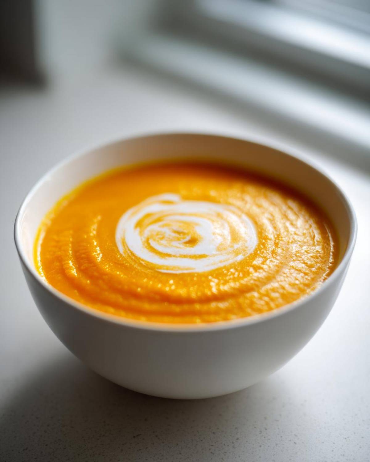 A close-up of bright orange Vegan Creamy Roasted Carrot Ginger Soup topped with a swirl of white cream in a white bowl.