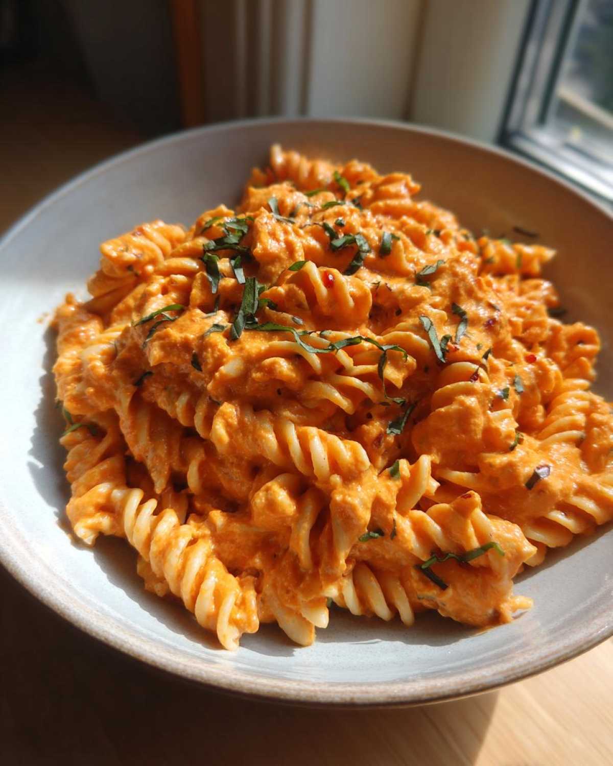 A close-up of Vegan Creamy Roasted Red Pepper Hummus Pasta made with fusilli pasta and garnished with fresh herbs.