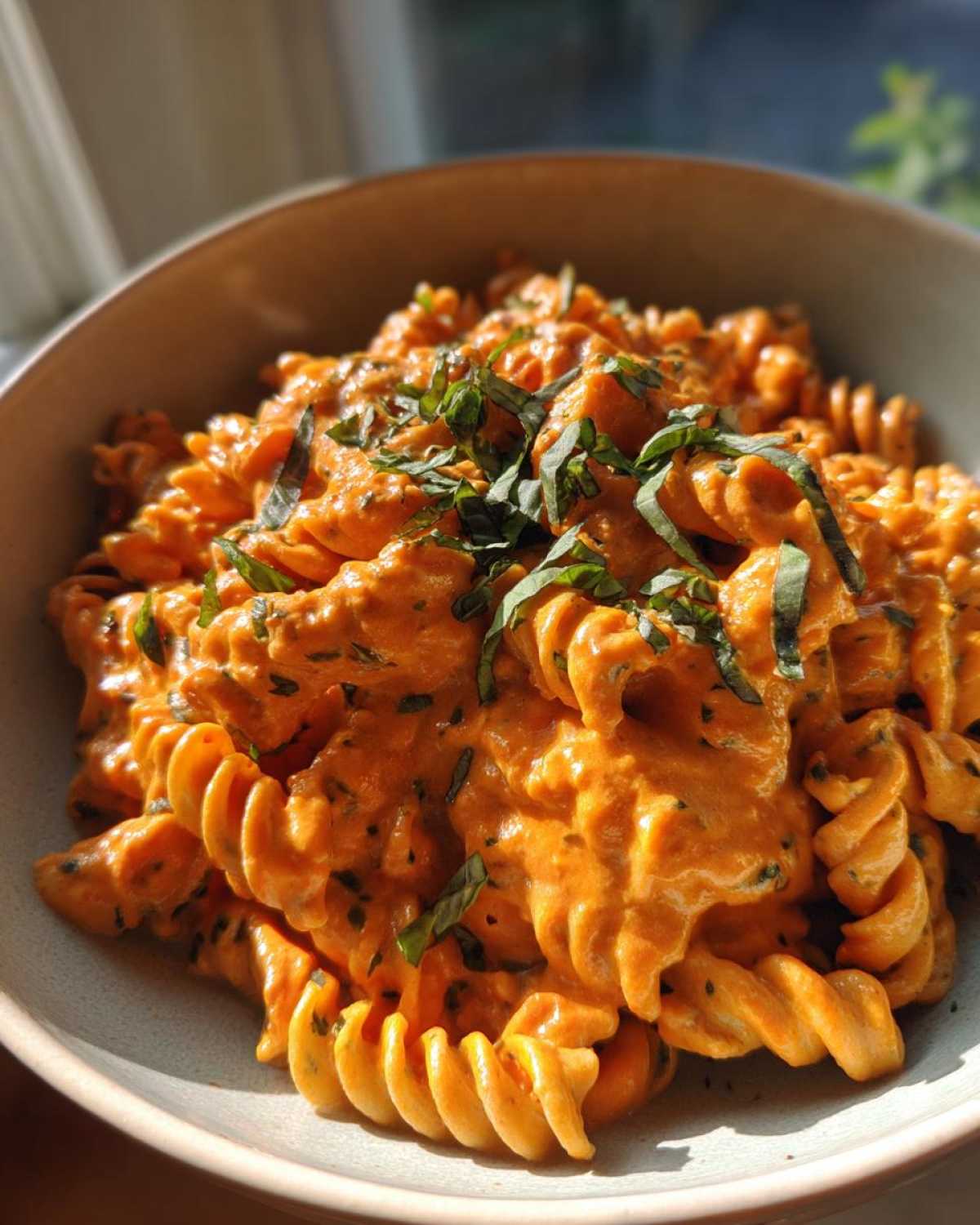 Close-up of Vegan Creamy Roasted Red Pepper Hummus Pasta tossed with fusilli pasta and topped with fresh basil.