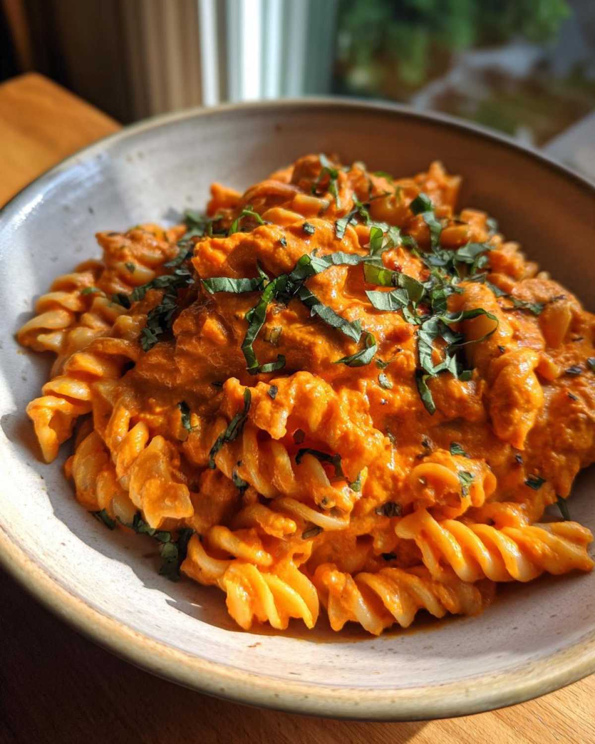 Close-up of fusilli pasta coated in rich orange Vegan Creamy Roasted Red Pepper Hummus Pasta sauce, topped with fresh basil.
