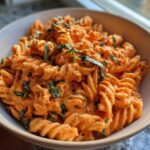 Close-up of fusilli pasta coated in a vibrant orange sauce, garnished with fresh basil, representing Vegan Creamy Roasted Red Pepper Hummus Pasta.
