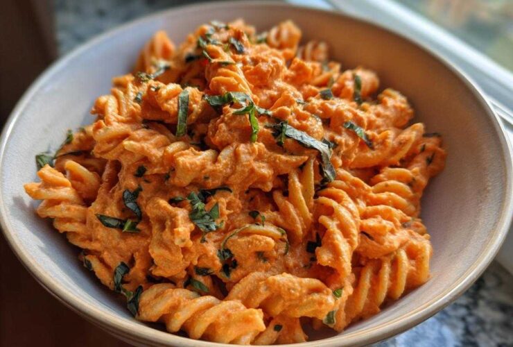 Close-up of fusilli pasta coated in a vibrant orange sauce, garnished with fresh basil, representing Vegan Creamy Roasted Red Pepper Hummus Pasta.