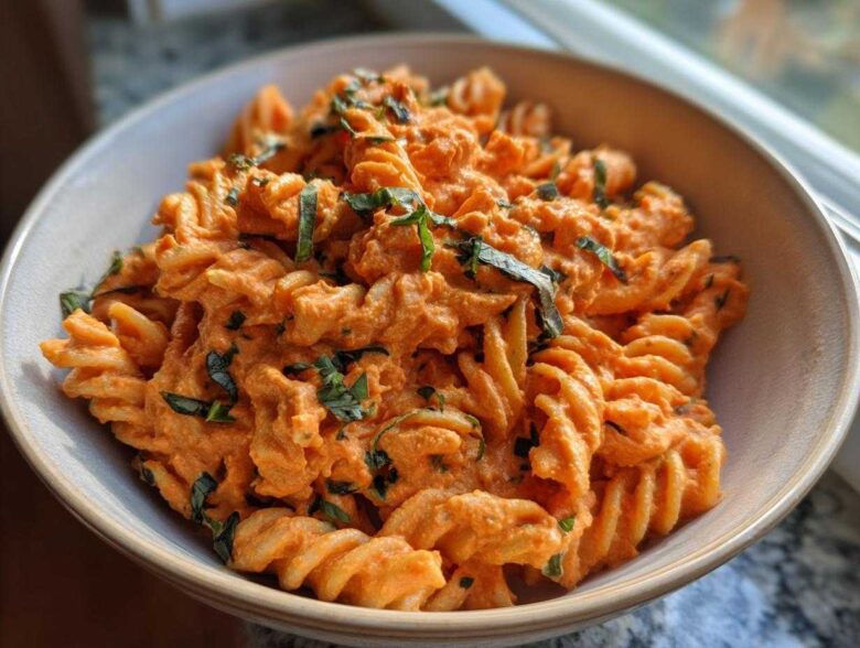 Close-up of fusilli pasta coated in a vibrant orange sauce, garnished with fresh basil, representing Vegan Creamy Roasted Red Pepper Hummus Pasta.