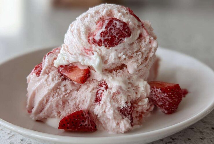 A close-up of scoops of Vegan Creamy Strawberry Oat Milk Ice Cream with visible chunks of fresh strawberries.