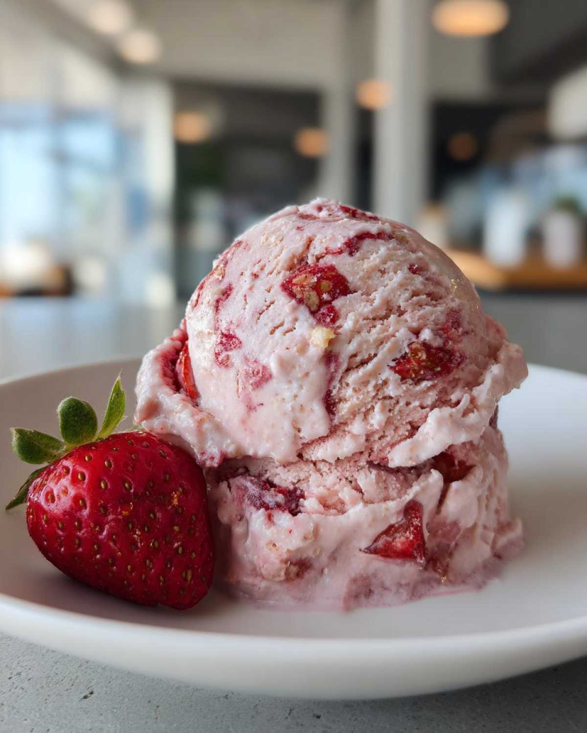 Two scoops of pink Vegan Creamy Strawberry Oat Milk Ice Cream served with a fresh whole strawberry on a white plate.