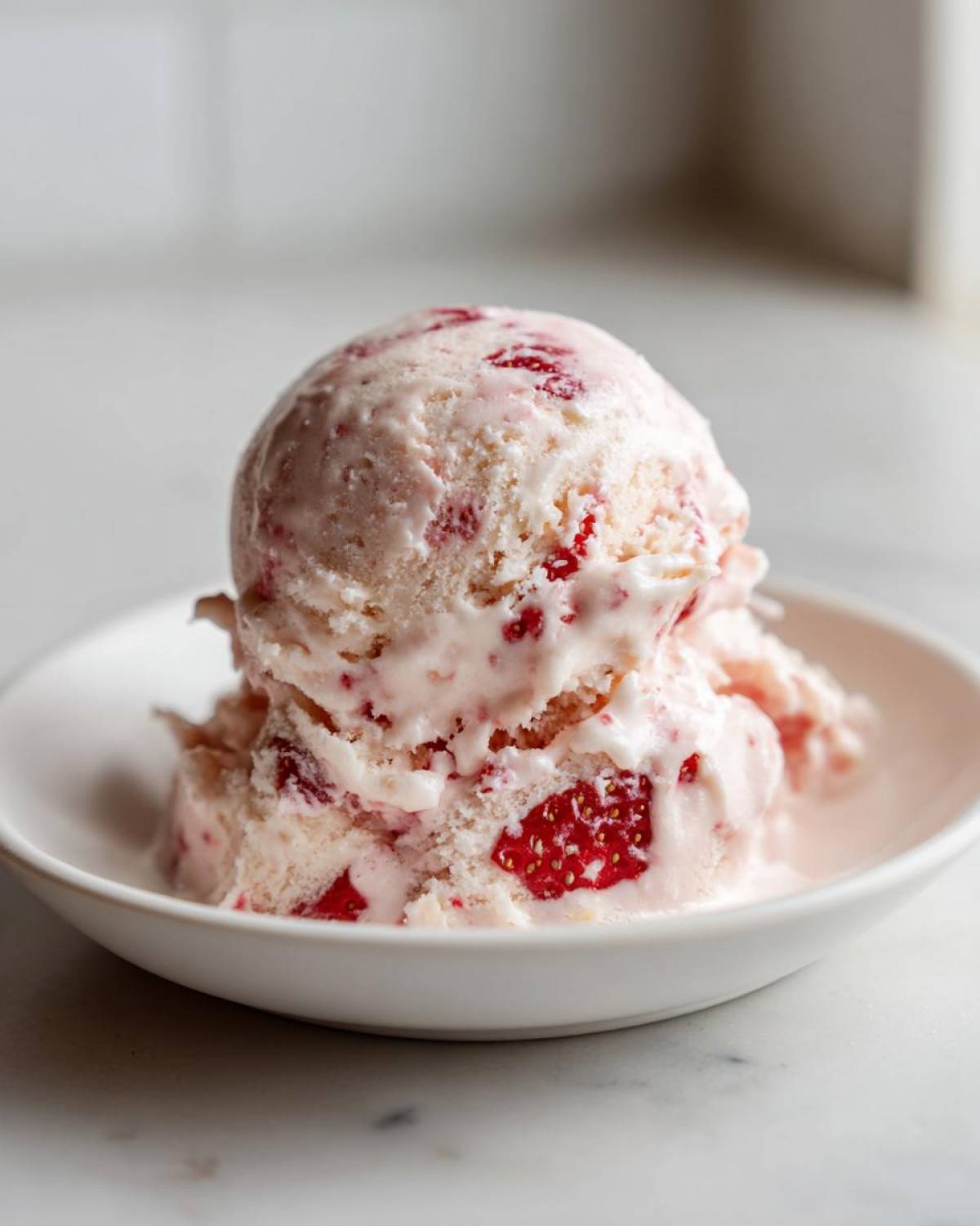 Two scoops of creamy Vegan Creamy Strawberry Oat Milk Ice Cream with visible strawberry pieces in a white bowl.