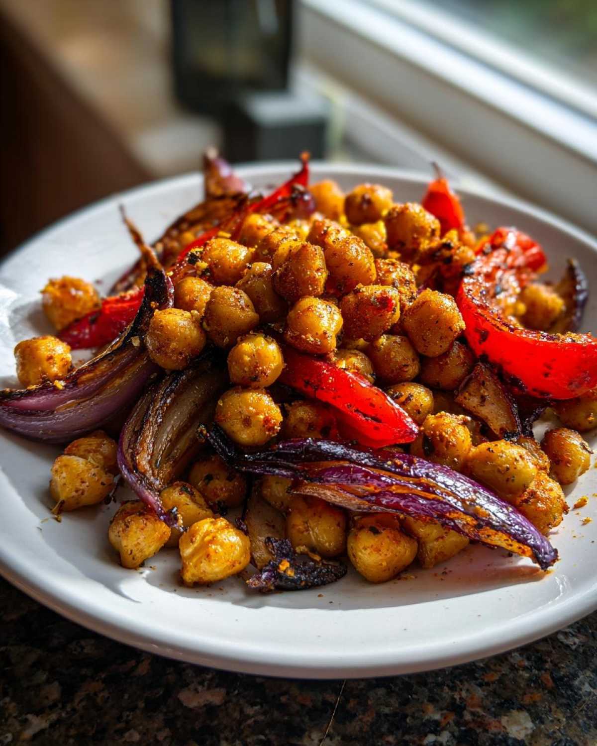 Close-up of seasoned, roasted chickpeas mixed with charred red pepper and purple onion wedges from the Vegan One-Pan Chickpea Shawarma Sheet Bake.