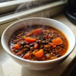 A close-up of a steaming white bowl filled with Vegan One-Pot Lentil Taco Soup, featuring lentils, black beans, and chunks of sweet potato.