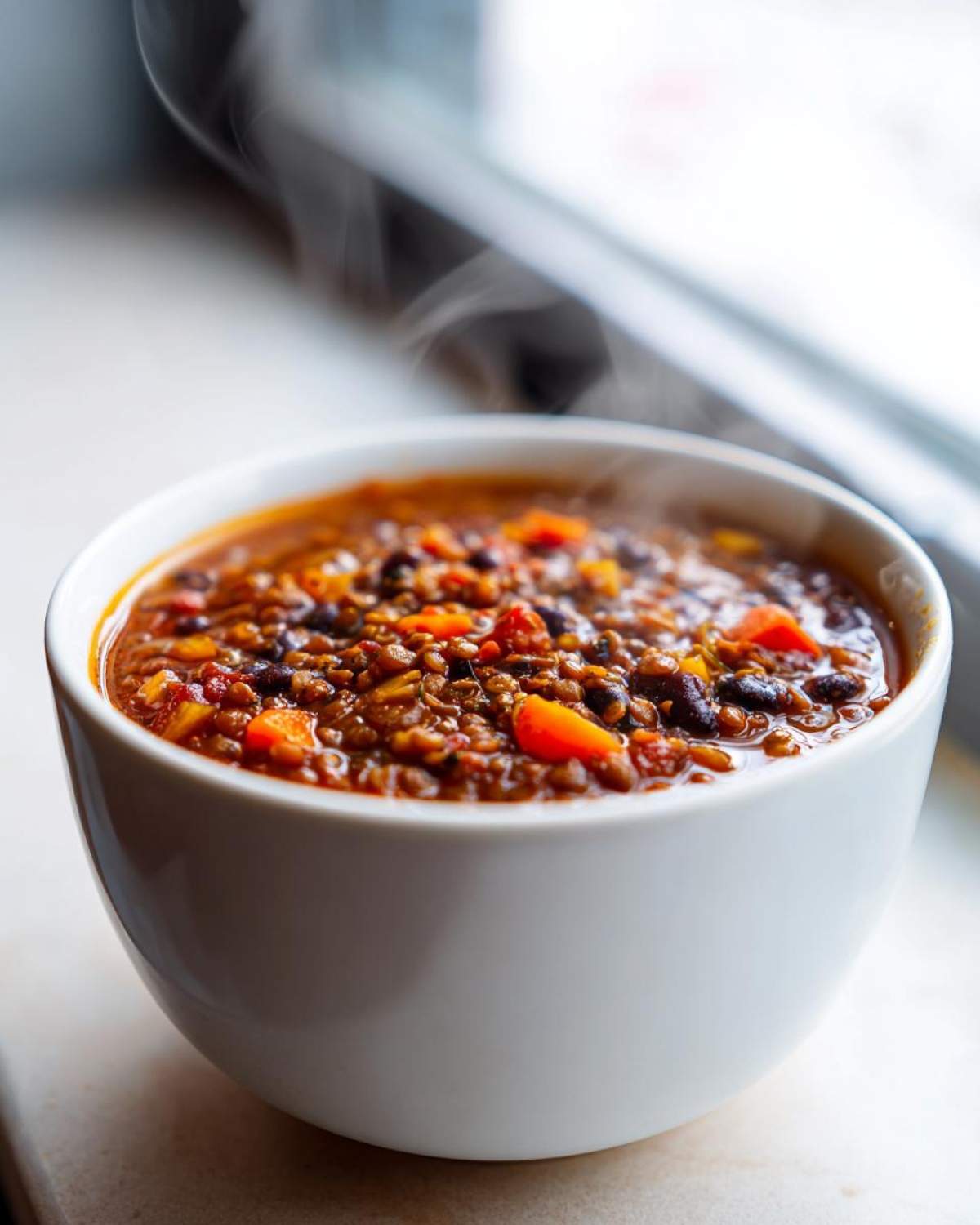 Close-up of a steaming white bowl filled with hearty Vegan One-Pot Lentil Taco Soup, showing lentils and diced carrots.